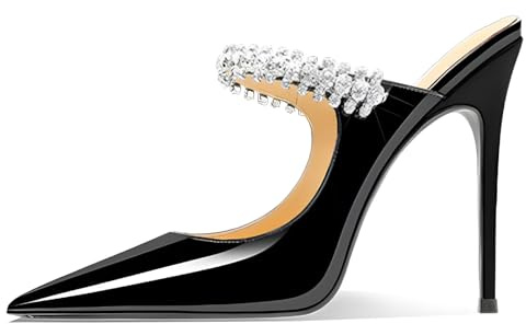 Eestfy Bombas Elegantes Mujer con Tira de Cristal y Estrás Tacón de Aguja Cuero de Charol Punta Afilada Zapatos de Noche para Boda de Novia y Recepción Formal,Negro,41 EU