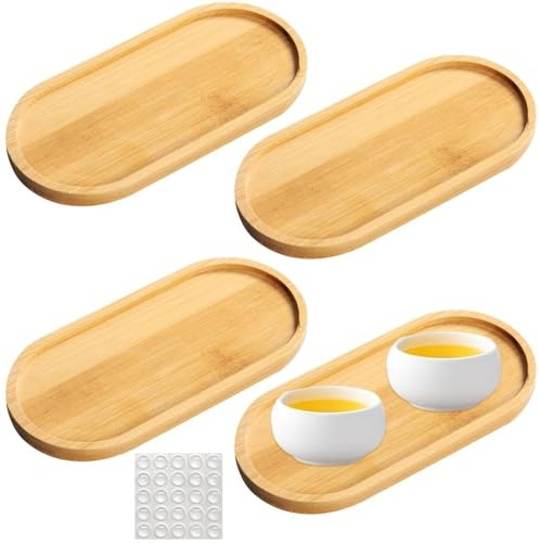 Bandeja de bambú pequeña, 4 bandejas ovaladas, de madera, para flores, plantas, té, café, pasteles (17,5 x 8,8 x 1 cm)