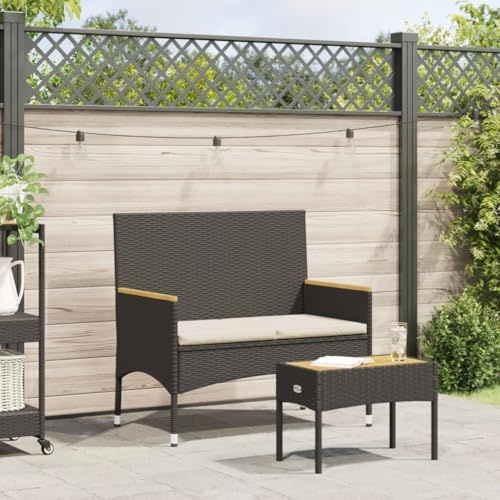 Mokuyary Panca da giardino a 2 posti, con cuscino e tavolo, in polyrattan, colore nero, per giardino, terrazza, balcone