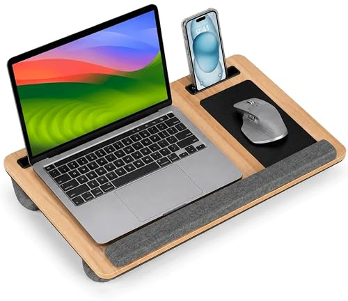 Lap Desk with Cushion for Bed & Sofa, Adjustable Laptop Tray with Built-in Mouse Pad, Wrist Rest & Phone Holder, Portable Lap Table for Writing, Gaming & Work, Fits Up to 17 Inch Laptops