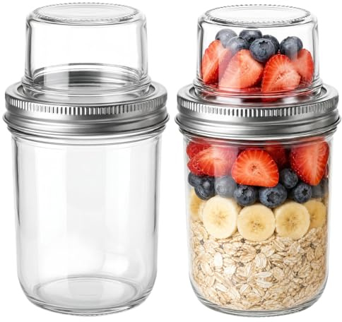 Lot de 2 gobelets à céréales à emporter - 500 ml + 100 ml - Verres à farine d'avoine de nuit - Gobelets à emporter avec design à double couche - Séparation sèche et humide - Gobelet à céréales à