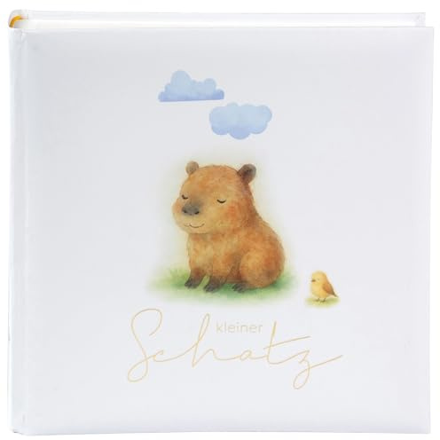goldbuch 24 040 Fotoalbum kleiner Schatz, Erinnerungsalbum mit Capybara-Motiv, Babyalbum, 60 weiße Seiten mit Pergamin-Trennblättern, Einband aus Kunstdruck mit Goldprägung, ca. 25 x 25 x 4 cm, Weiß