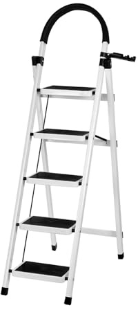 Escabeau Robuste avec Main Courante de Sécurité,Capacité de Charge 160kg,Tabouret Pliant Portable Marches en Caoutchouc Antidérapant Pédales(B) 152 x 87 x 39 cm – 5 étapes (Blanc)