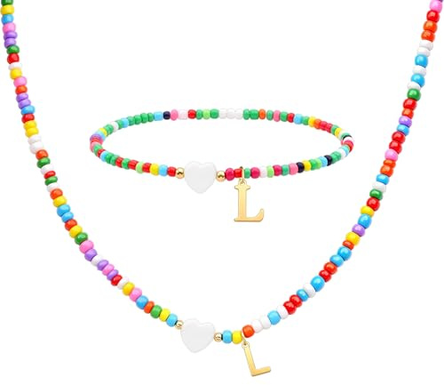 LUXYSODE Colorful Beaded Initial Necklace and Bracelet Set with Gold Letter Pendant and Shell-Like Heart Charm, Meaningful Love Forever Boho Summer Vacation Jewellery Set for Women and Girls (L)