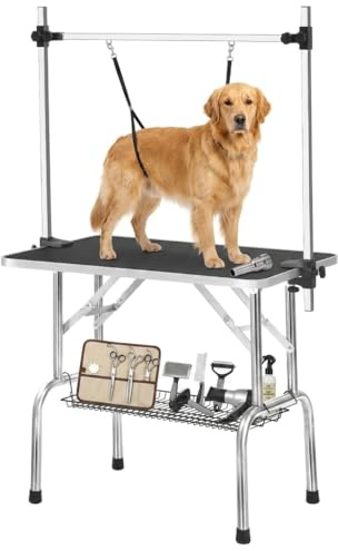 Professioneller Haustierpflegetisch Faltbar, Stabiler Trimmtisch für Hunde und Katzen, Höhenverstellbarer Galgen mit Halteschlaufe, rutschfeste Arbeitsfläche, Mobil für Tierpflege & Baden, Schwarz