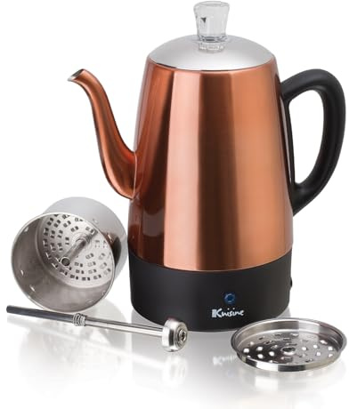 Euro Cuisine PER08 Stainless Steel Electric Coffee Percolator, 8 Cup, Polished Copper Finish, Dripless Gooseneck Spout, Clear Glass Knob, Brewing Indication, Keep-Warm Function, Detachable Cord