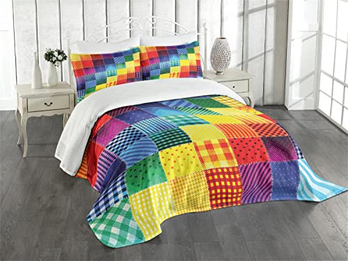 ABAKUHAUS Abstrait Couvre-lit Matelassé, Rétro Arc-en-Patchwork, Décoratif 3 Pièces avec 2 Taies d'Oreillers, Queen, Bleu Jaune