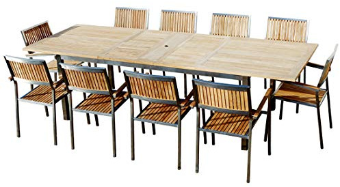 ALEOS. Gartengarnitur Ausziehtisch 200-280x100cm + 10 Sessel Edelstahl Teak | Gastroqualität feinstes Edelstahl mit A-Grade Teak Holz