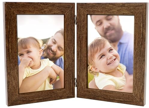 Double Photo Picture Frame 6 x 4, Brown, Holds 2 Photographs, Twin Hinged 6x4 10 x 15 cm Brown Frames 6x4 Photo Frames, 4x6 Photo Collage Gallery Display