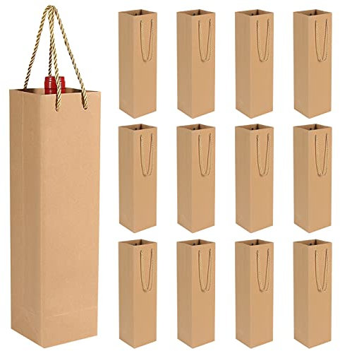 HRX Package 12 Stück Geschenktüten für Wein, Kraftpapier Flaschentüten Weintüten mit Griffen für Weihnachten, Hochzeit, Geburtstag Party (Braun)
