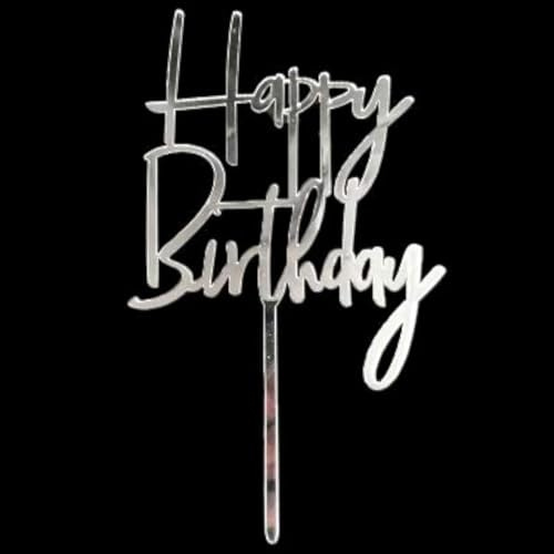 AILEXI 1 Count Acrylic Glitter Cake Decorating Toppers - Happy Birthday WordArt Silver
