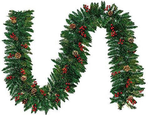 TQS Weihnachtsgirlande, 3 m, für den Außenbereich, Tannengirlande mit roten Beeren, Schnee-Tannenzapfen, grün, Nicht beleuchtet, für den Innen- und Außenbereich, 3 m x 25 cm