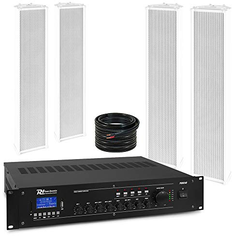 Power Dynamics Outdoor PA System with 4x OCS5 Weatherproof Column Speakers, PRM240 Multi-Zone 100V Mixer Amplifier & Speaker Cable - Commercial Audio for Public Address, Garden & Venue Installations