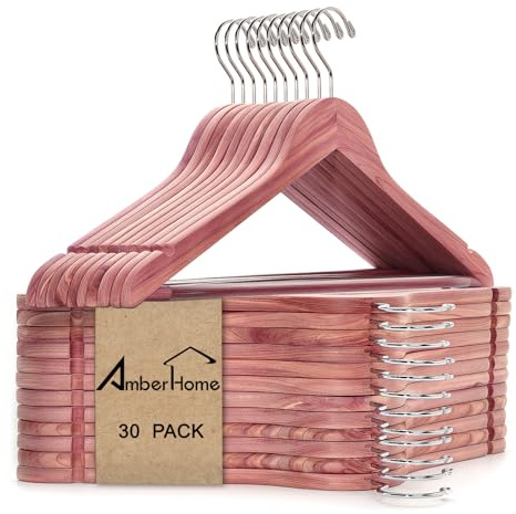 Amber Home 30 Pack Cedar Coat Hangers, Wooden Suit Hangers with Non-Slip Pant Bar, Cedar Hangers for Closet Organization, Shirts, Jackets, Dresses, and Pants