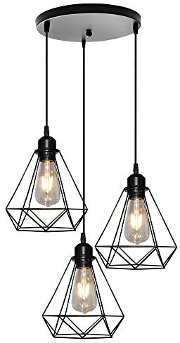 iDEGU Kronleuchter, Hängeleuchte, Industrial, Vintage, 3 Lampen, E27, Retro, Deckenleuchte aus Eisen, Design Käfig, Ø20 cm, Deckenlampe für Wohnzimmer, Küche, Schlafzimmer (hängend, schwarz, 3
