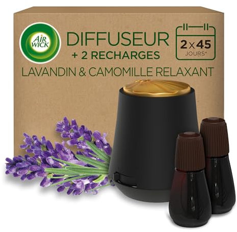 Air Wick Essential Mist Aparato y Recambios de Ambientador Difusor de Aceites Esenciales para Casa con Aroma a Lavanda y Camomila, Multicolor, Pack de 1 Aparato y 2 Recambios