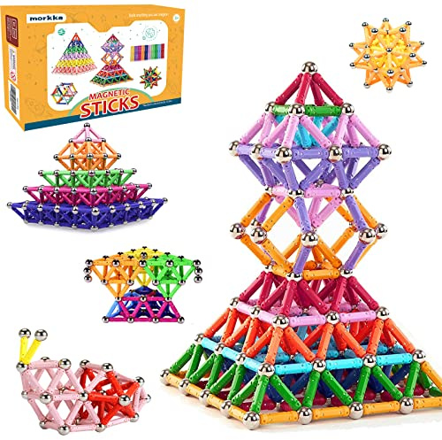 morkka 220 Pièces Blocs de Construction Magnétique 3D Jouet de Puzzle Jeux de Construction avec Bâtons Magnétique Colorés Cadeau de Vacances Montessori pour Les Filles et Garçons de Plus de 4 Ans