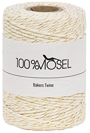 100 % Mosel bomullsrep i naturvitt och guld (2 mm x 100 m), med metallisk tråd, presentband för bordsdekorationer, guldband för gåvor, dekorativ sladd för makramé, pysselsnöre