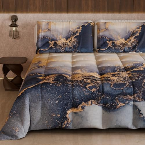 PETTI Artigiani Italiani - Trapunta Matrimoniale Invernale, Piumone Matrimoniale, Trapunta Double Face Tinta Unita e Stampa Digitale Marble Blu Notte, Made in Italy