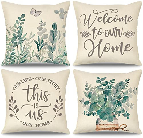 Weldomcor Outdoor Kissen 45x45 cm Kissenbezug Eukalyptus Blätter Blumen Kissenhülle 4er Set Frühling Kissenbezüge Moderne Zierkissenbezug Bauernhaus Kissenbezüge für Sofa Schlafzimmer Bett Auto (Home)