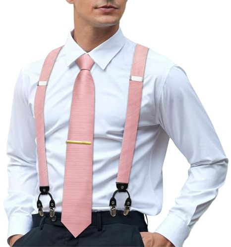 Hi-Tie Men's Blush Pink Suspenders and Tie Set Adjustable Elastic Y Braces with Strong 6 Clips Pocket Square Set