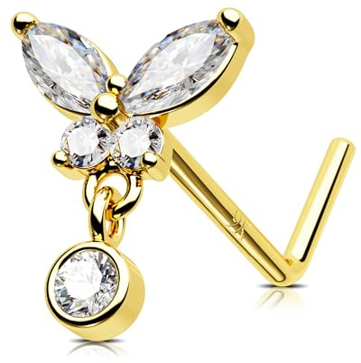 Jewseen gult guld fjäril näsring studs 20G Dangle näsa stud L formad näsa skruv näsa ben CZ näsa piercing för kvinnor män, Gult guld Kubisk Zirkonia