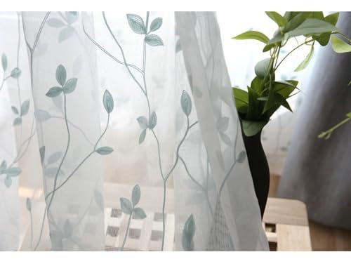 Bishilin Vorhänge Weiß 2er Set, Vorhänge Halbtransparent Ösen 102x214CM Stickerei mit Blaugrün Blumen Zweige Motiv Gardinen Lichtdurchlässig Wohnzimmer Schlafzimmer Küche