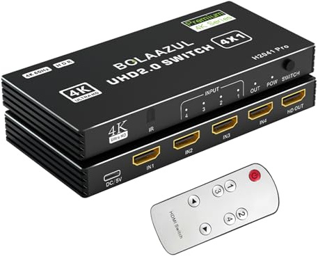 BolAAzuL HDMI-Switch, 4-in-1-Ausgang, 4K @ 60Hz, Port-Erweiterer, Hub, Video-Umschalter Mit Fernbedienung für 4 Eingänge, Unterstützt 3D, HDCP2.2, HDR für PS5/PS4Pro/PS4, Xbox Serie | HDMI Port Expander, Multiport Switch, 4-Port 4x1 Hub, Selector Box, 3D HDR HDCP2.2, für PS5 Xbox NS TV