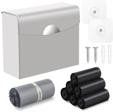 FAOEHN Damenbinde mit Hygiene-Entsorgungsbeuteln und Müllbeutel, 23,9 x 19,8 x 8,9 cm, Edelstahl, Wandmontage, femininer Hygiene-Mülleimer für Badezimmer, Büro (Silber)