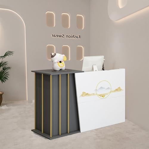HGTRH Empfangstresen Kosmetik, Rezeptionstheke 140cm, Empfangstheke Salon Kosmetikstudio 120cm Weiss Gold, Office Reception Stations mit AbschließBaren Schubladen Hotelrezeptionen, SchöNheitssalon