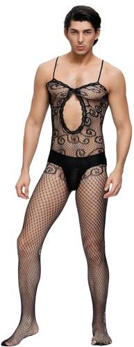 ohyeahlady Lace Fishnet Mankini for Men Funny Body Stockings Onesies Stretchy Sissy Lingerie Full for Men Body Sheer Outfit UK One Piece