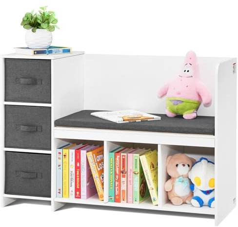 VEVOR Lesebank für Kinder, Bücherregal und Bücherschrank für Kleinkinder mit abnehmbarem Sitzkissen, Aufbewahrungsbank mit 6 Fächern und 3 Schubladen, ideal für Spielzimmer Schlafzimmer Wohnzimmer