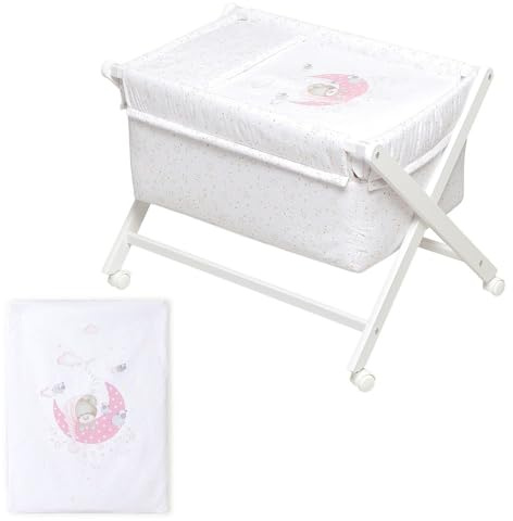 Interbaby - Minicuna Plegable Tijera modelo Bear Sleeping - Estructura de madera con Vestidura (Colcha y Almohada Desenfundable) con Colchón.