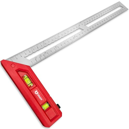Équerre de menuisier 400 mm – Double niveau à bulle – Équerre de charpentier 90°/45° – 2-K précise avec poignée en plastique et règle en acier inoxydable GRAFF