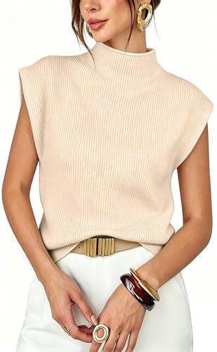 YOCOKIS Womens Sleeveless Sweater Vest Mock Neck Tank Tops Casual Cap Sleeve Knit Pullover Summer Clothes, Beige, S