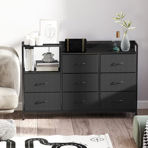 Bedroom Chest of Drawers,Storage Drawers for Bedroom with 1USB , 1 Type-C and 2AC Ports,Contains 8 Fabric Drawers Multi-functional Fabric Drawers Suitable for Bedrooms,Living Rooms,TV Stand (Black)