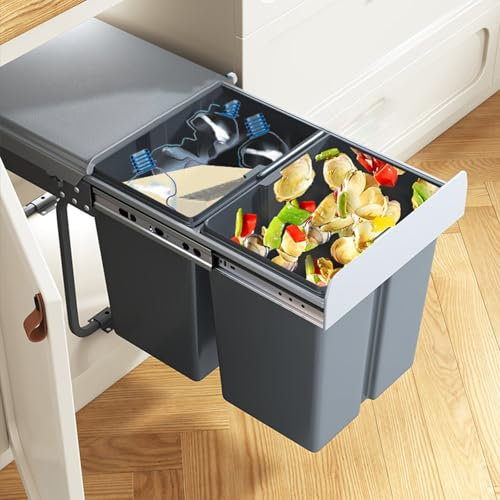 SanzIa Cubo de Basura Extraible Bajo Armario Fregadero Cubo de Basura Extraíble Doble Cubos de Basura de Cocina con Tapa y Asa para Clasificar, Bajo Armario Montaje Inferior(34x48x41cm)