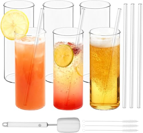16oz Highball glasögon uppsättning av 6, tjockt och hållbart labb-klass borosilikatglas, diskmaskin mikrovågsfrys säker, innehåller glas rengöringsborste, blyfri för vatten, whisky, cocktails, öl