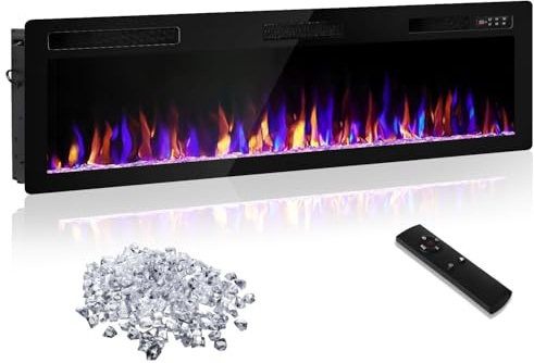 Waleaf Elektrokamin, 182,9 cm Ultraflacher Elektrischer Kamin mit Heizung, Einbau/Wandkamin mit 3D-Flammeneffekt, 12 Farbflammen, Fernbedienung, für Wohnzimmer und Esszimmer (Schwarz)