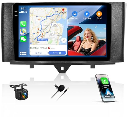 CAMECHO 4G+128G Android 15 Autoradio für Mercedes-Benz Smart Fortwo W451 2011-2015 mit Carplay Android Auto Navi Dual WiFi 9-Zoll Bildschirm mit Navi Bluetooth5.1 FM/RDS+Rückfahrkamera