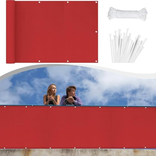 Balkon Seitensichtschutz 100 x 560 cm Ohne Bohren Blickdichte Wind Uv-Schutz mit Ösen Kabelbinder Kordel Balkon Sichtschutz/Balkonbespannung für Gartenanlagen, Camping, Rot