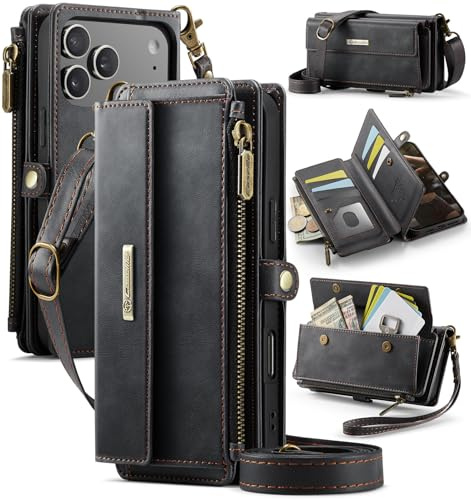 Unichthy Zip Purse for iPhone 17 Pro Max Case with Crossbody Strap + Wrist Strap Shockproof Leather Flip Wallet Zipper Handbag 9 Card Slots Large Space RFID Blocking Bag for iPhone 17 Pro Max Black