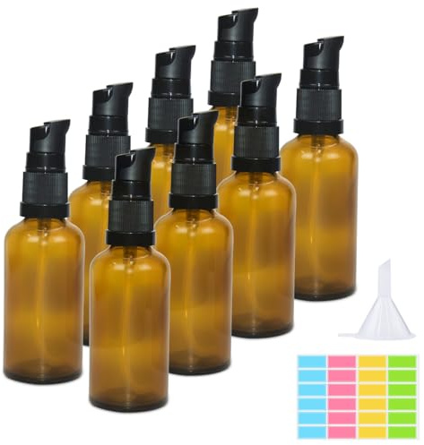 WYYFXY Lot de 8 bouteilles en verre vides de 50 ml - Marron - Bouteilles en verre ambré - Distributeur de lotion - Avec pompe et autocollant - Entonnoir pour crèmes, huiles essentielles, shampooing