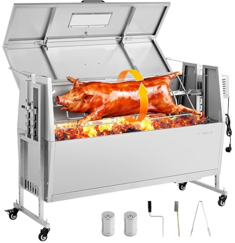 VEVOR Rotisserigrill, 117 cm grill utomhus gris och lammgryta rostare, kolspade med 59,9 kg kapacitet, hjul och 4-nivåers höjd, rostfritt stål roterande grillkit för camping utomhusfester