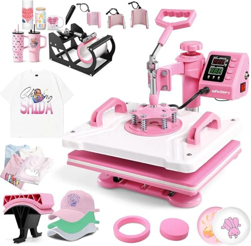 Transferpresse 30 x 38 cm, Transferpresse, 360°-Schwenkfunktion, mit Zubehör, inklusive Zubehör für Becher, Hüte und Sublimations-Shirts. Schnelle und gleichmäßige Erwärmung (Rosa-8 in 1)