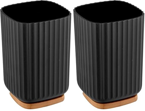 WENKO Vaso para Cepillo de Dientes Rotello, de plástico, para cepillos de Dientes, y Base de bambú, para Guardar Utensilios, con Estructura Acanalada de fácil sujeción, Ø 8,6 x 11,1 cm, Negro/Natural