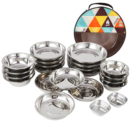 22-teiliges Camping-Essgeschirr-Set aus Edelstahl, Familienpackung mit Schüsseln, Tellern, Schalen und Tragetasche. Leichtes Paket, ideal für Camping, Wandern, Picknicks und Reisen