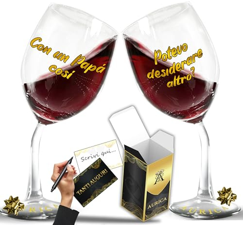 Aurìca Coppia Calici Vino Personalizzati CON UN PAPÀ COSÌ - POTEVO DESIDERARE ALTRO – 2 Bicchieri Storti Per Un Brindisi Di Orgoglio E Affetto Con Confezione Regalo Inclusa