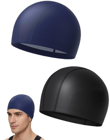 Luxorium 2 Cuffie Piscina Adulti Unisex PU Nero e Blu Navy Cuffia Piscina Donna Uomo Morbida per Capelli Lunghi Cuffie Piscina Antiscivolo Asciugatura Rapida
