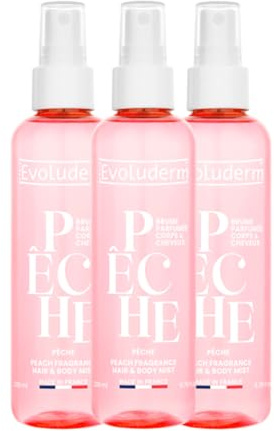 EVOLUDERM - Brume Parfumée Pêche- 200ml - 97% d'Ingrédients d'Origine Naturelle - Végan – Fabrication Française Lot de 3 x 200ml